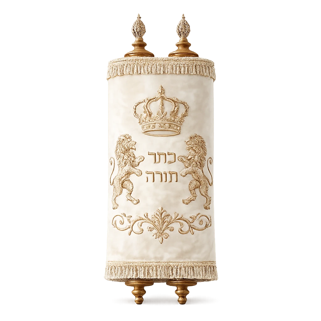 ספר תורה במעיל לבן רקום כתר תורה ואריות