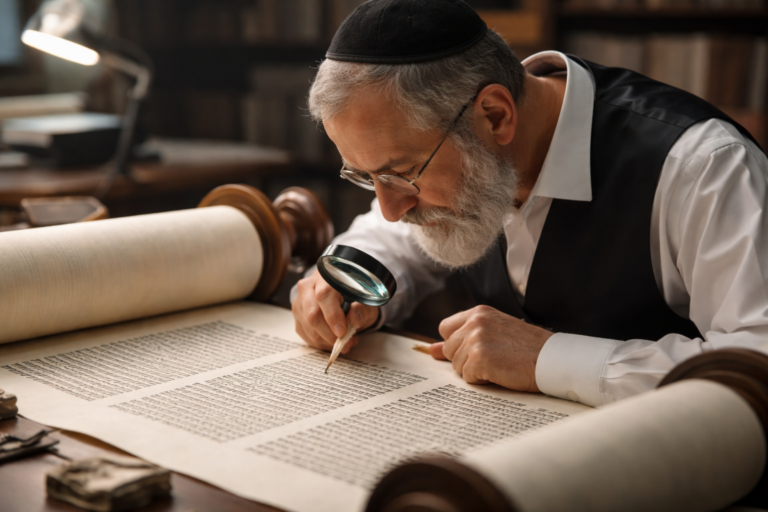 מגיה בודק ספר תורה בזכוכית מגדלת