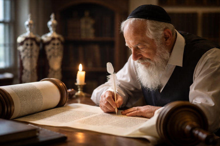 סופר סת"ם כותב ספר תורה לעילוי נשמה לאור נר