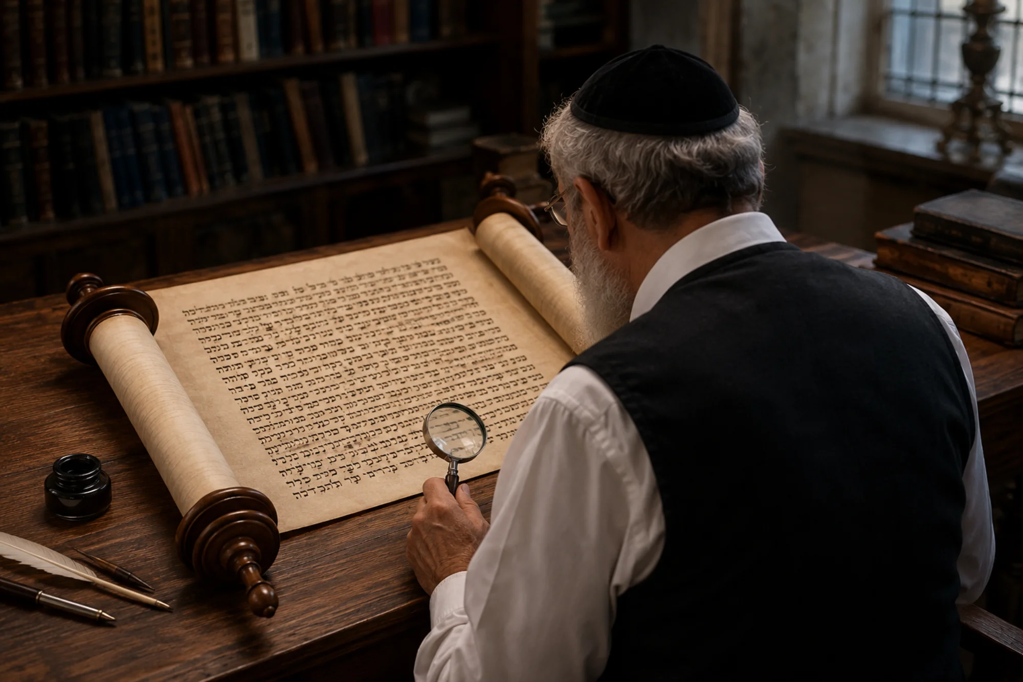מגיה מוסמך בוחן יריעת ספר תורה בזכוכית מגדלת