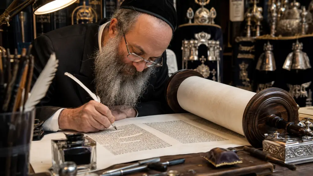 סופר סת"ם כותב ספר תורה מהודר בנוצה ודיו על קלף