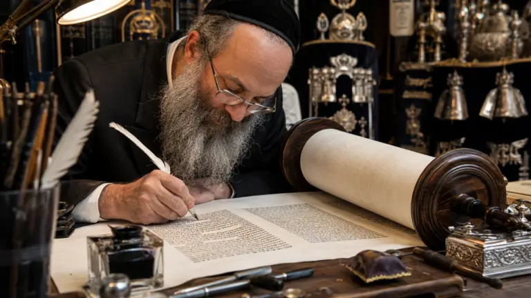 סופר סת"ם כותב ספר תורה מהודר בנוצה ודיו על קלף