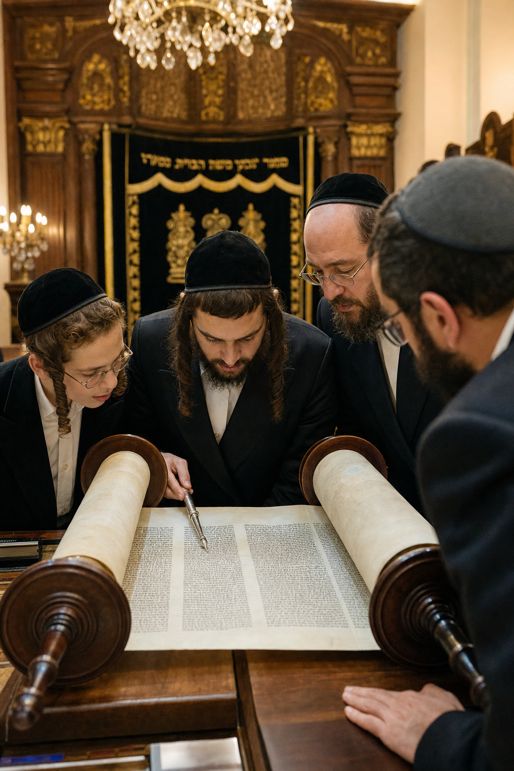 ספר תורה פתוח על הבימה בבית הכנסת לקראת קריאה בציבור