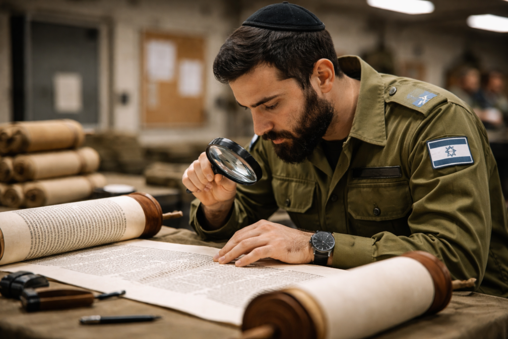 רב צבאי מגיה ספר תורה בזכוכית מגדלת