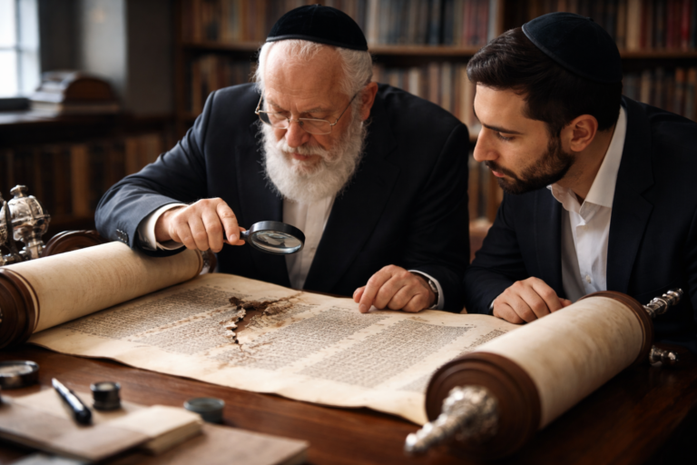 רב וסופר בודקים יריעה פגועה בספר תורה פסול