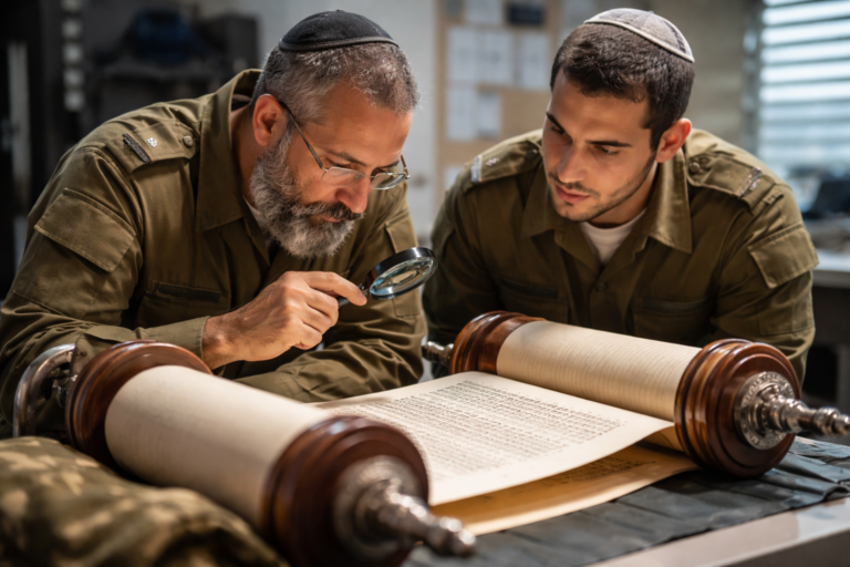 רב צבאי וחייל בודקים ספר תורה בבסיס