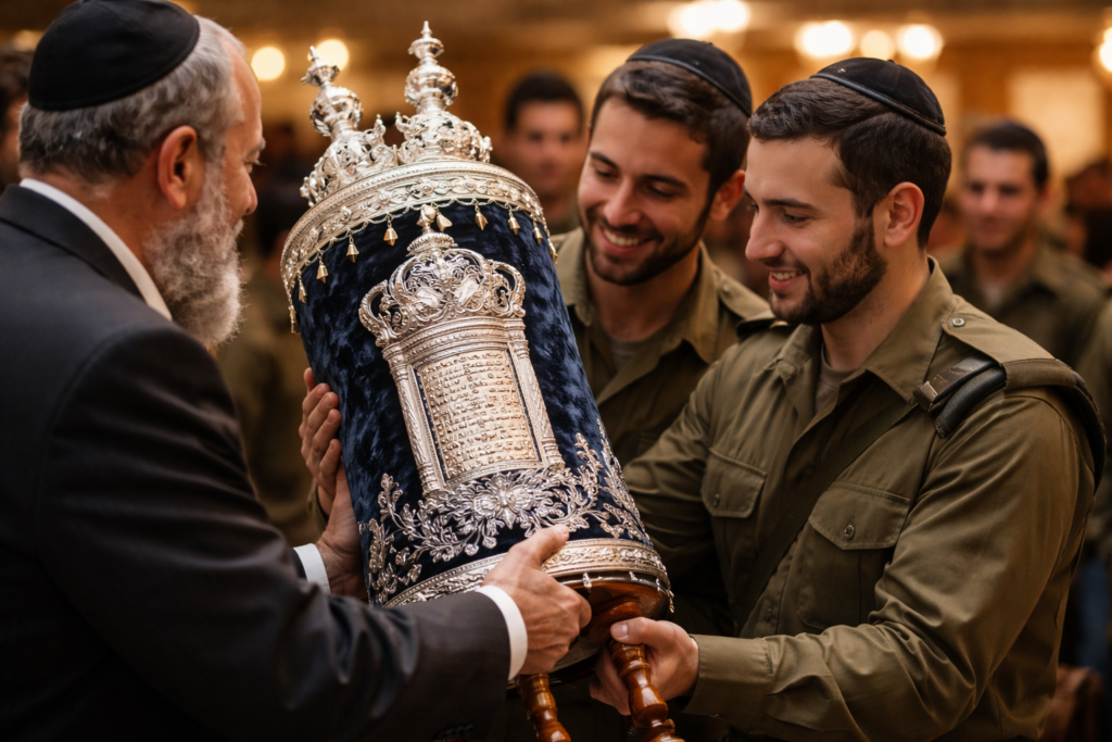 תורם מוסר ספר תורה לחיילים בבית כנסת בבסיס