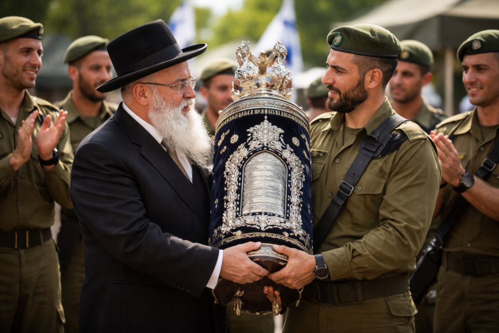רב מוסר ספר תורה מעוטר לחייל במעמד ביחידה