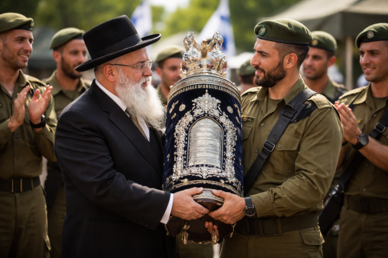 רב מוסר ספר תורה מעוטר לחייל במעמד ביחידה