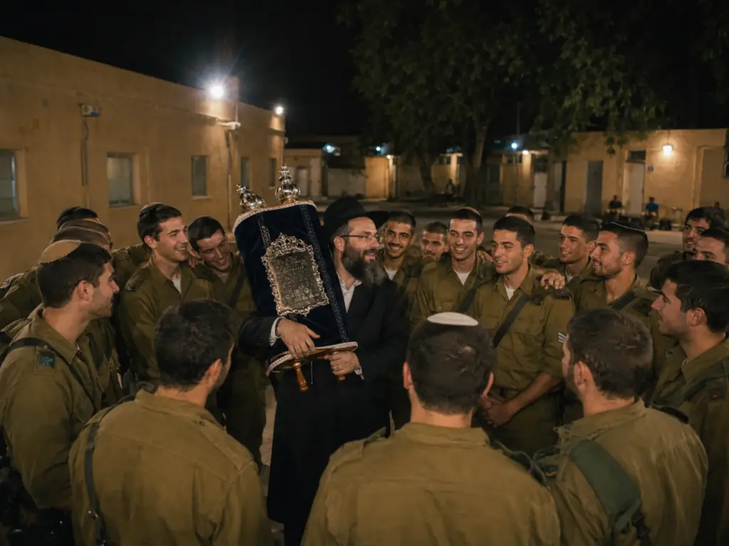 רב נושא ספר תורה בין חיילים במעמד בבסיס