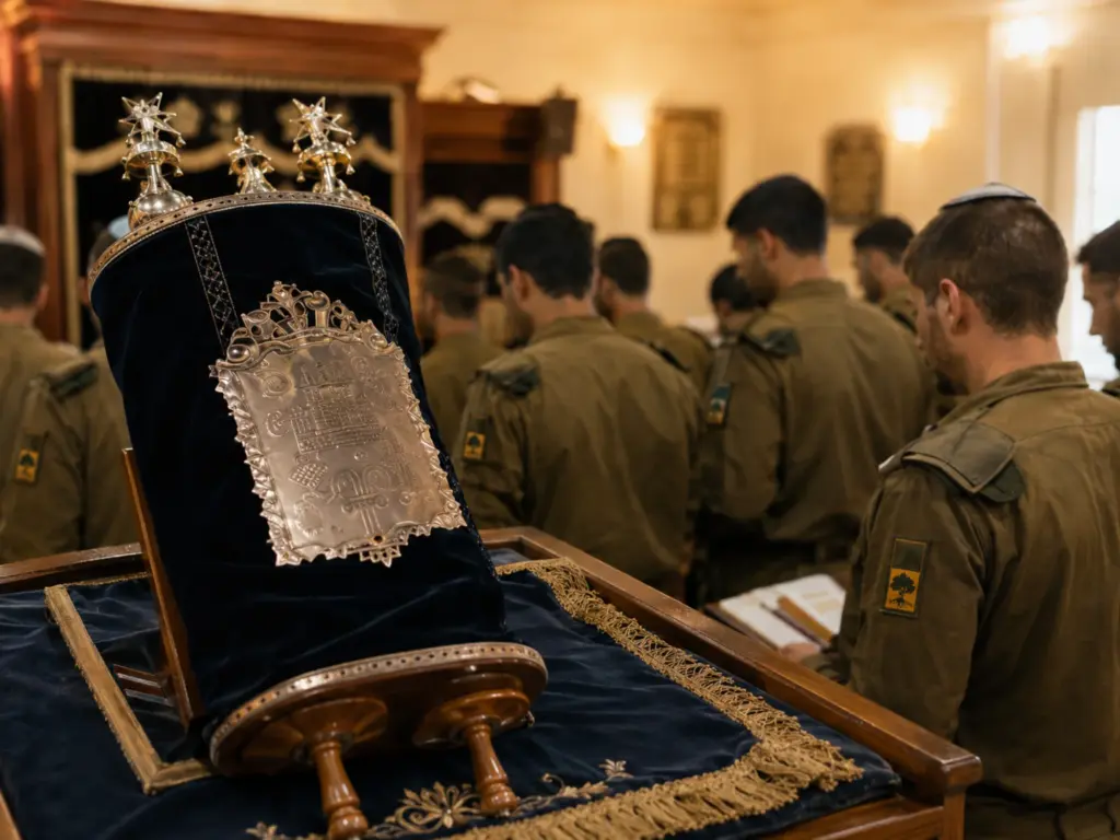 ספר תורה במעיל קטיפה על הבימה בבית כנסת צבאי