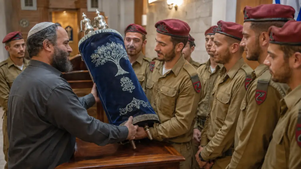 תורם מוסר ספר תורה במעיל כחול לצנחנים