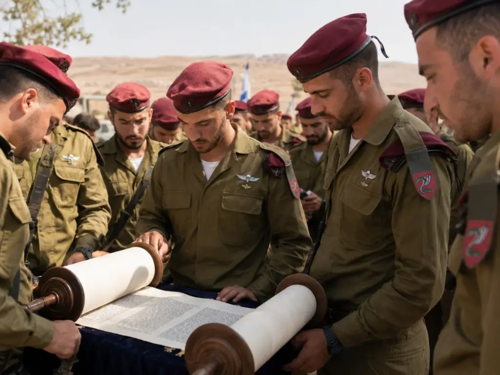 צנחנים בכומתות אדומות פותחים ספר תורה בטקס בשטח