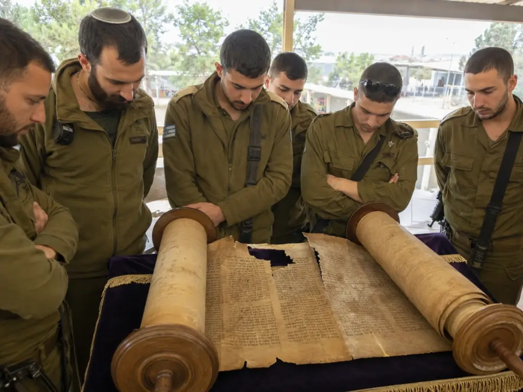 חיילים מתבוננים בספר תורה ישן שנפגע ונפסל בבסיס