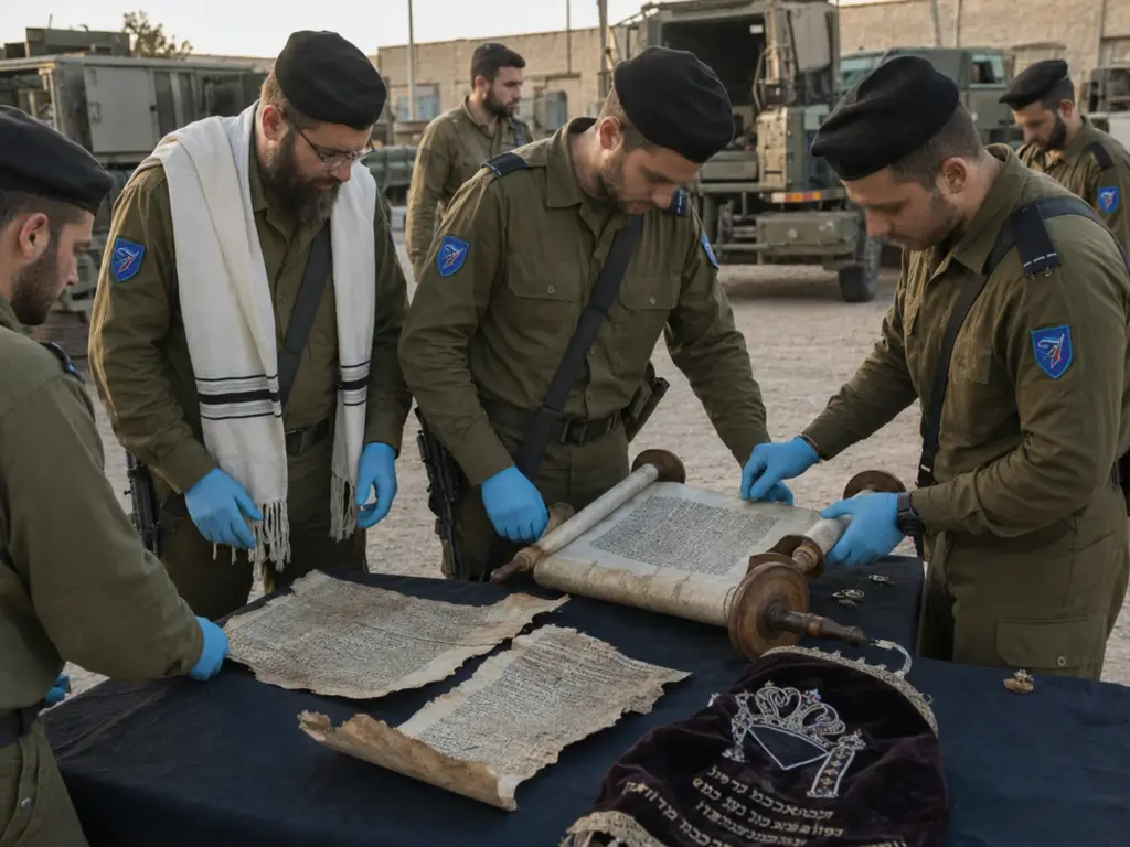 חיילים וסופר בכפפות מטפלים ביריעות של ספר תורה פסול