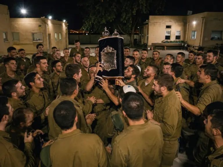 חיילים רוקדים עם ספר תורה בבסיס צבאי בלילה
