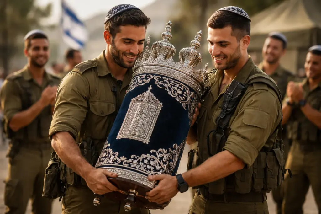 שני לוחמים מחזיקים ספר תורה במעיל כחול ומחייכים