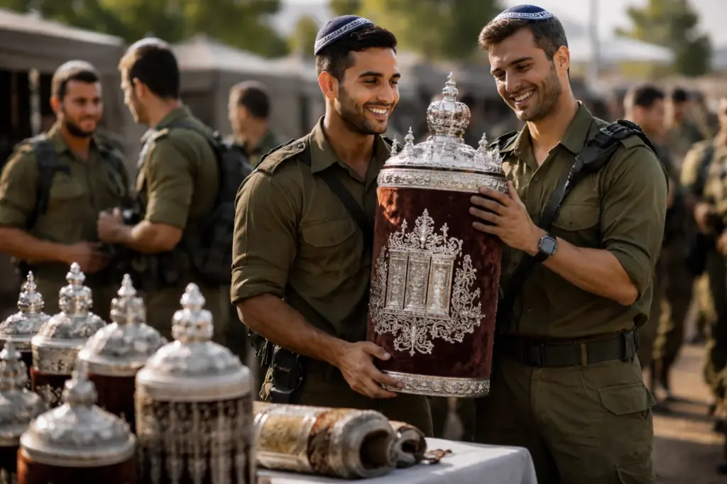 לוחמים עם ספר תורה במעיל אדום ותשמישי קדושה מכסף