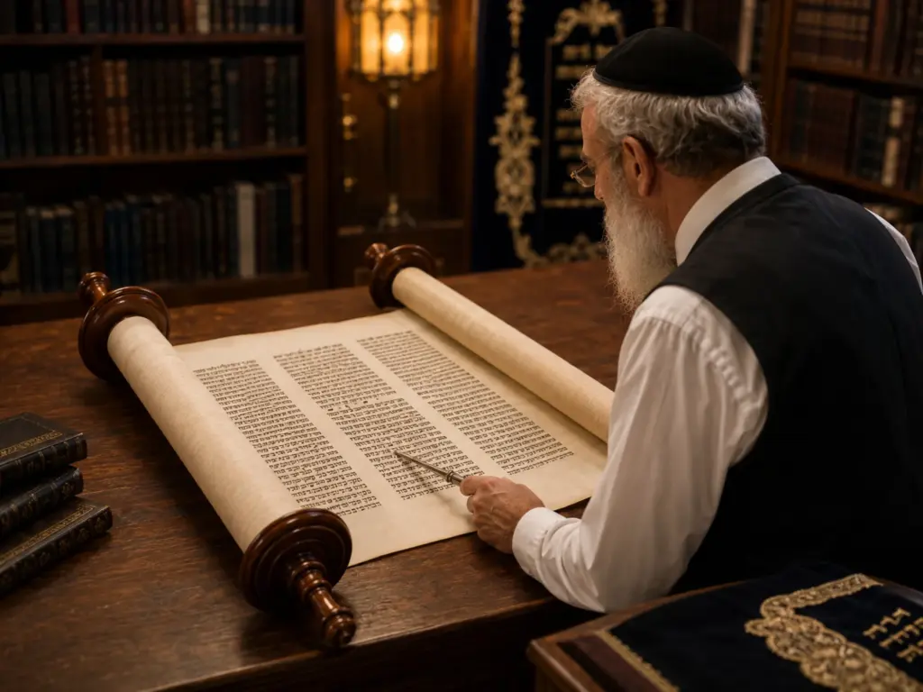 מגיה עובר על עמודות ספר תורה פתוח בבית מדרש