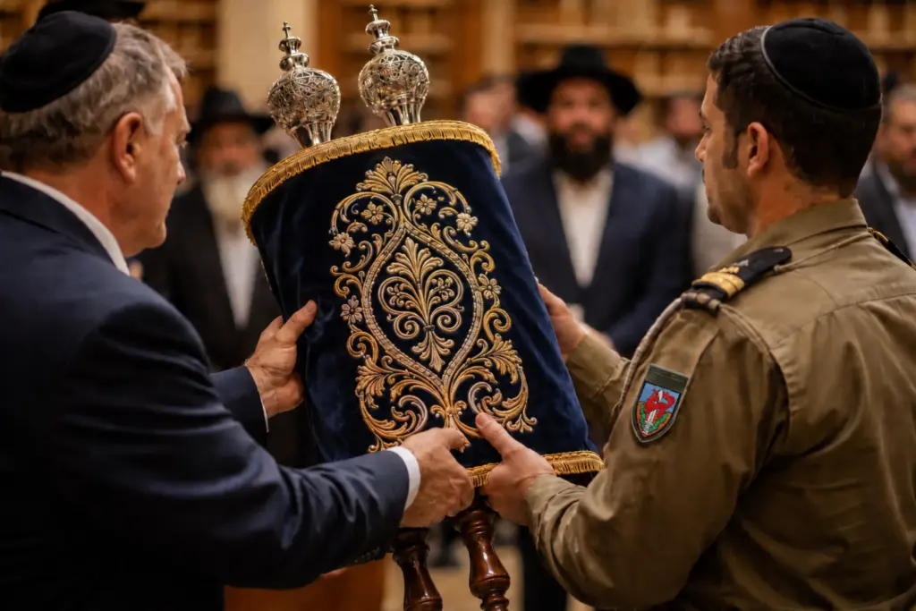 תורם מוסר ספר תורה במעיל רקום זהב לקצין