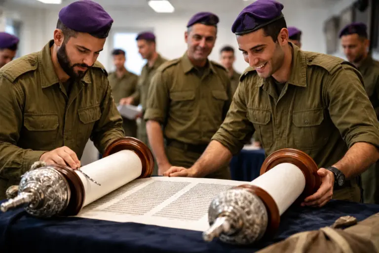 חיילים בכומתות סגולות פותחים ספר תורה חדש על בימה