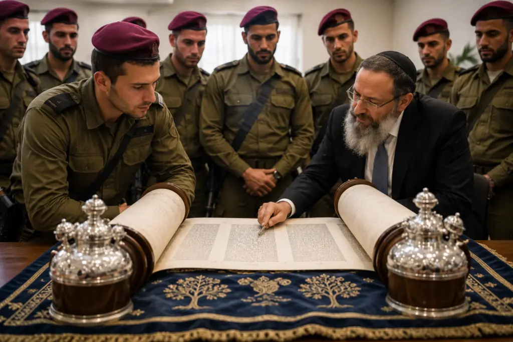 רב וחיילים קוראים בספר תורה חדש עם רימוני כסף