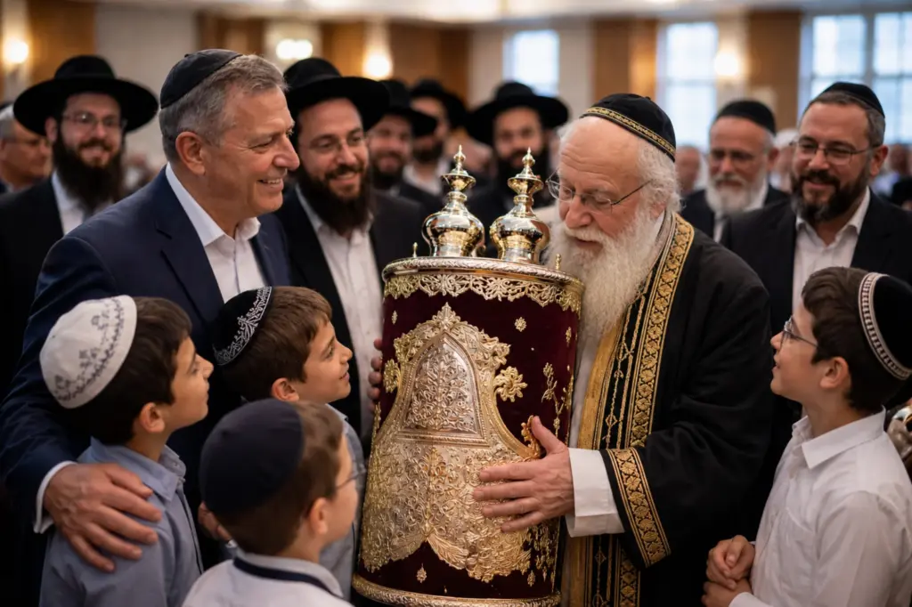 רב נושא ספר תורה במעיל אדום בין ילדים ומבוגרים בבית כנסת