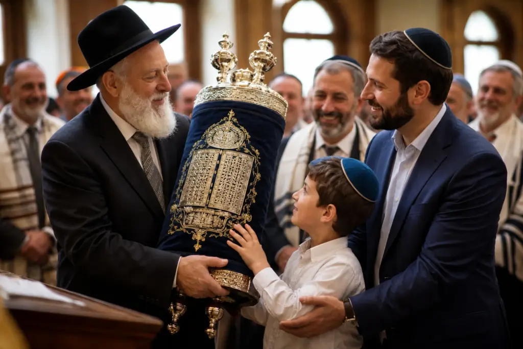 רב ואב מגישים ספר תורה לילד במעמד ההכנסה
