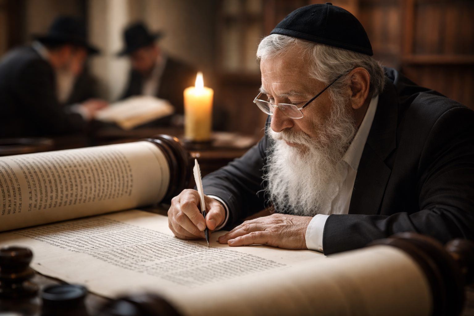 סופר סת"ם מבוגר כותב על יריעת קלף בבית מדרש