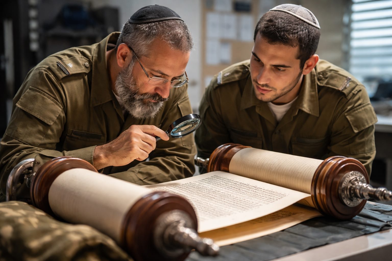 רב צבאי וחייל בודקים ספר תורה בזכוכית מגדלת בבסיס