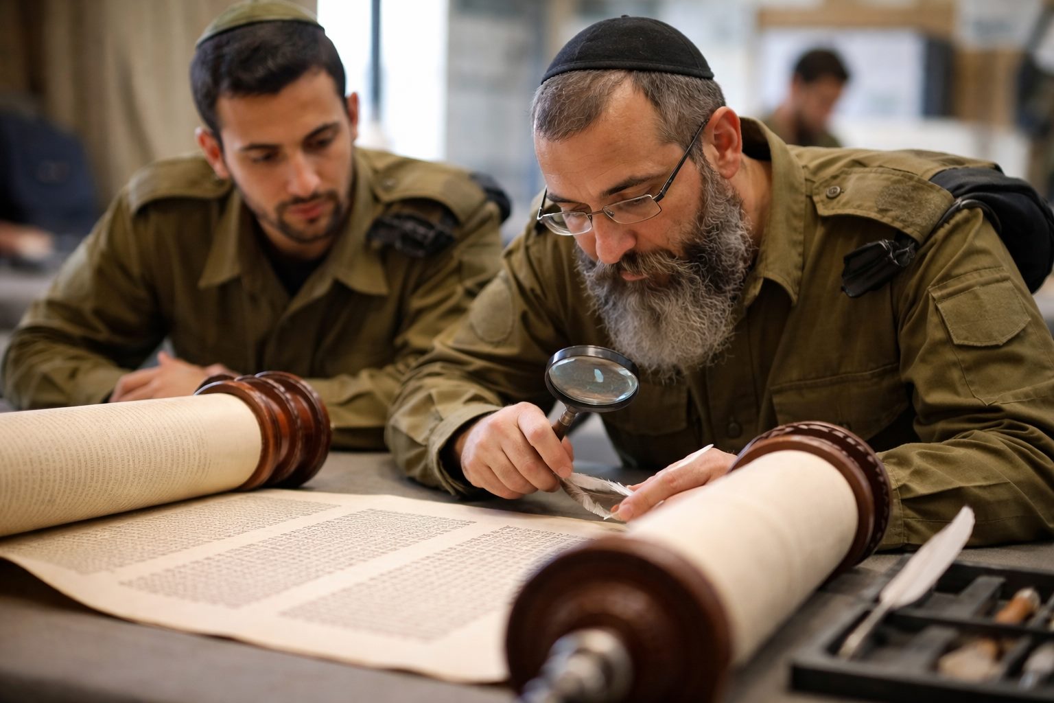 רב צבאי בודק ספר תורה בזכוכית מגדלת לצד חייל