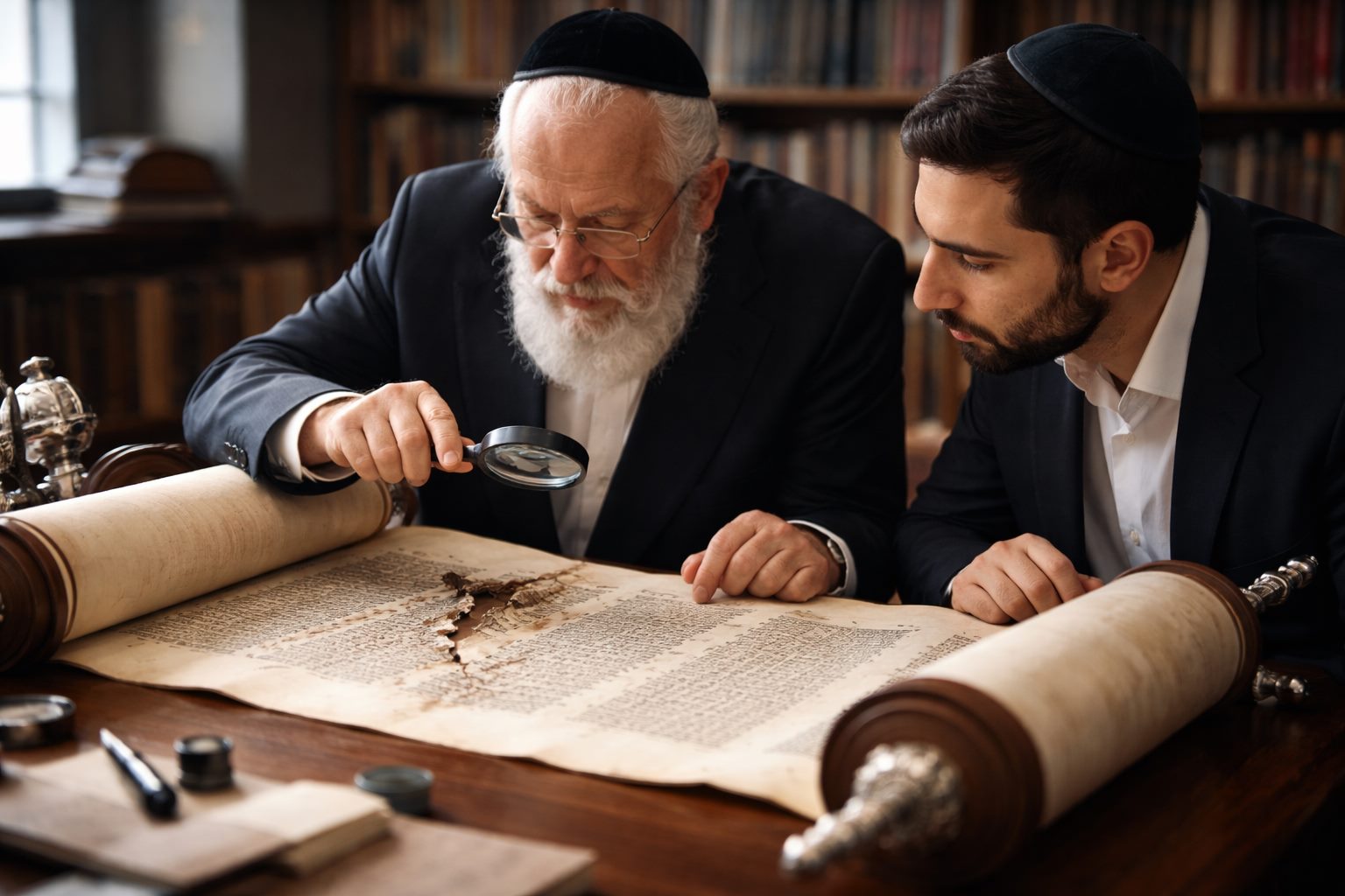 רב וסופר בודקים יריעת ספר תורה שנפגעה ונפסלה