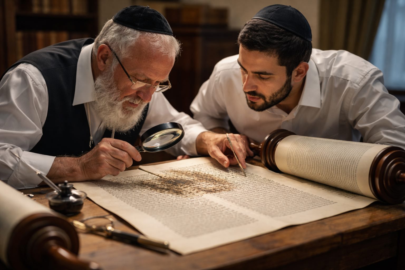 מגיה בודק בזכוכית מגדלת כתם על קלף ספר תורה