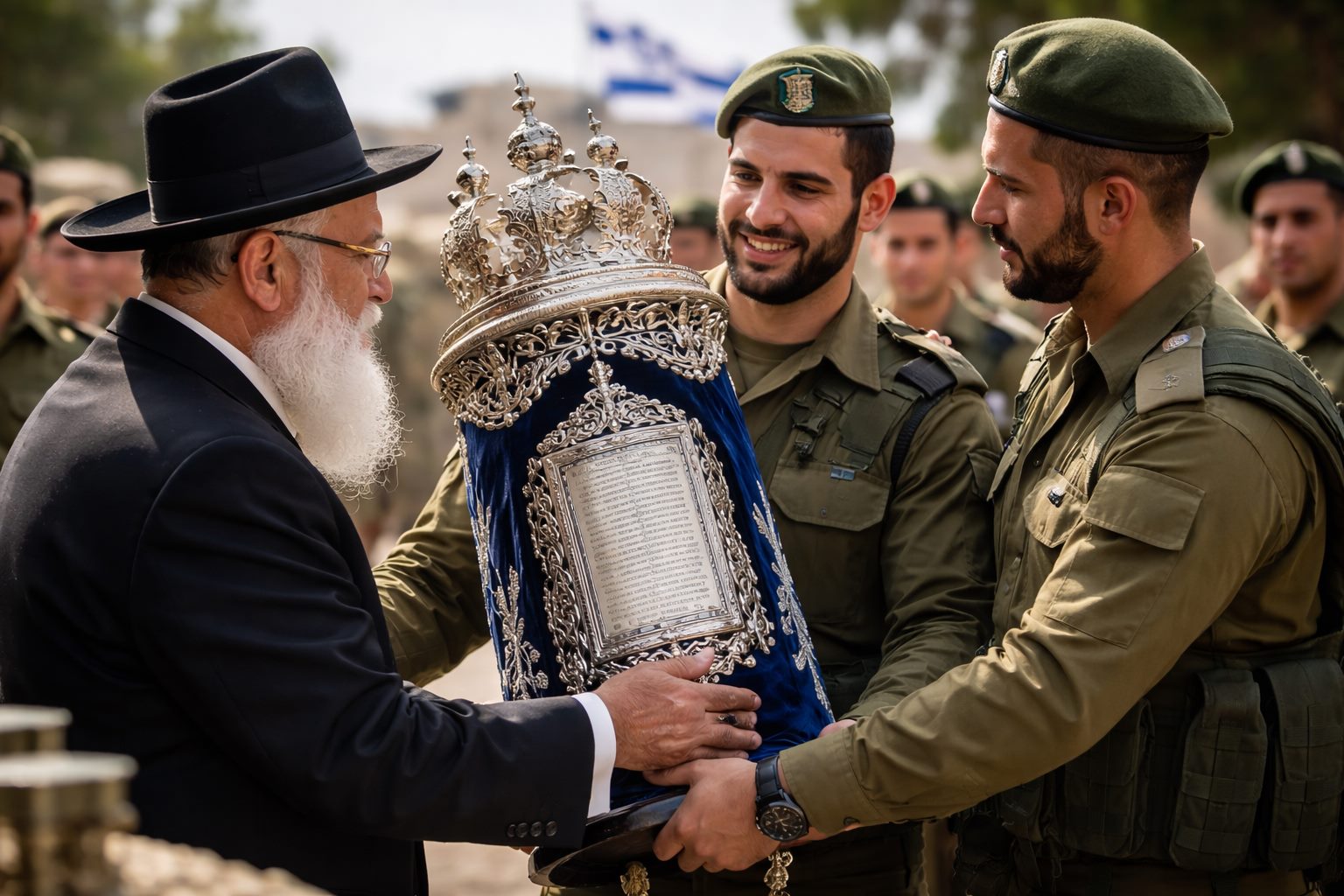 רב מוסר ספר תורה במעיל קטיפה כחול לחיילי צה"ל