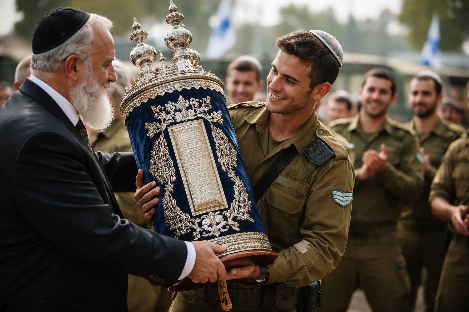 תורם מוסר ספר תורה עם כתר כסף לחייל בטקס בבסיס