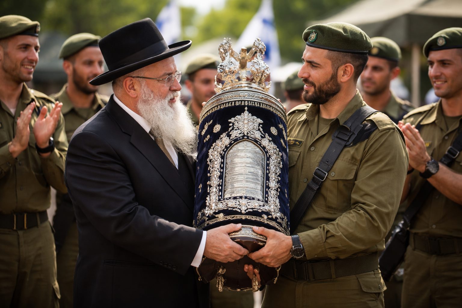 רב מוסר ספר תורה מעוטר בכסף לחייל במעמד ביחידה