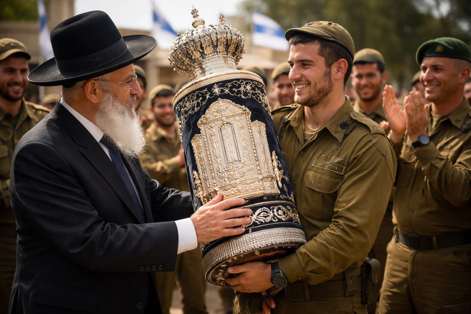 חיילים מוחאים כפיים כשרב מוסר ספר תורה ליחידה