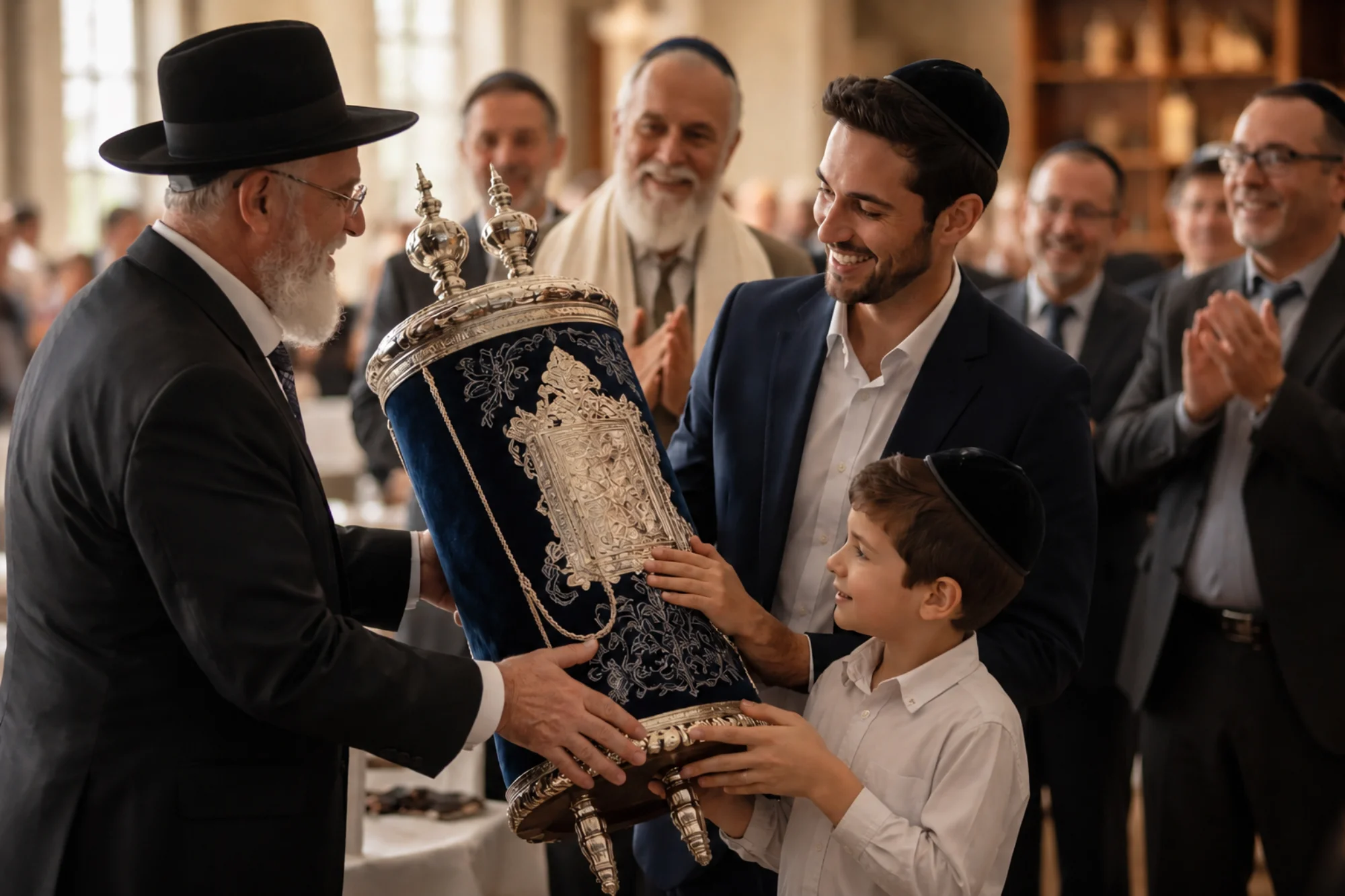 טקס הכנסת ספר תורה בקהילה, משפחה ורב סביב הספר