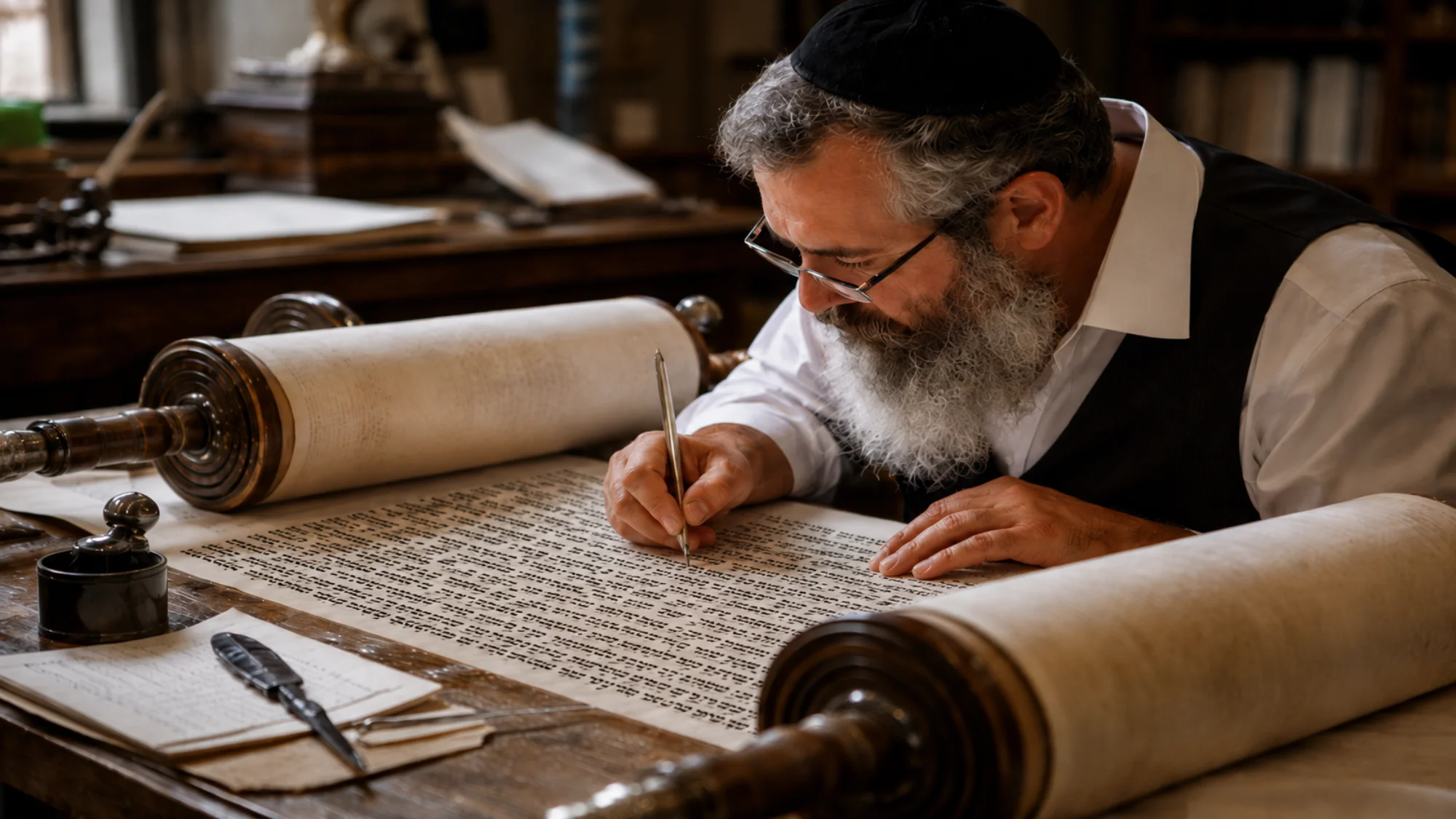 סופר סת״ם כותב על יריעת קלף בקולמוס נוצה ובדיו כשר