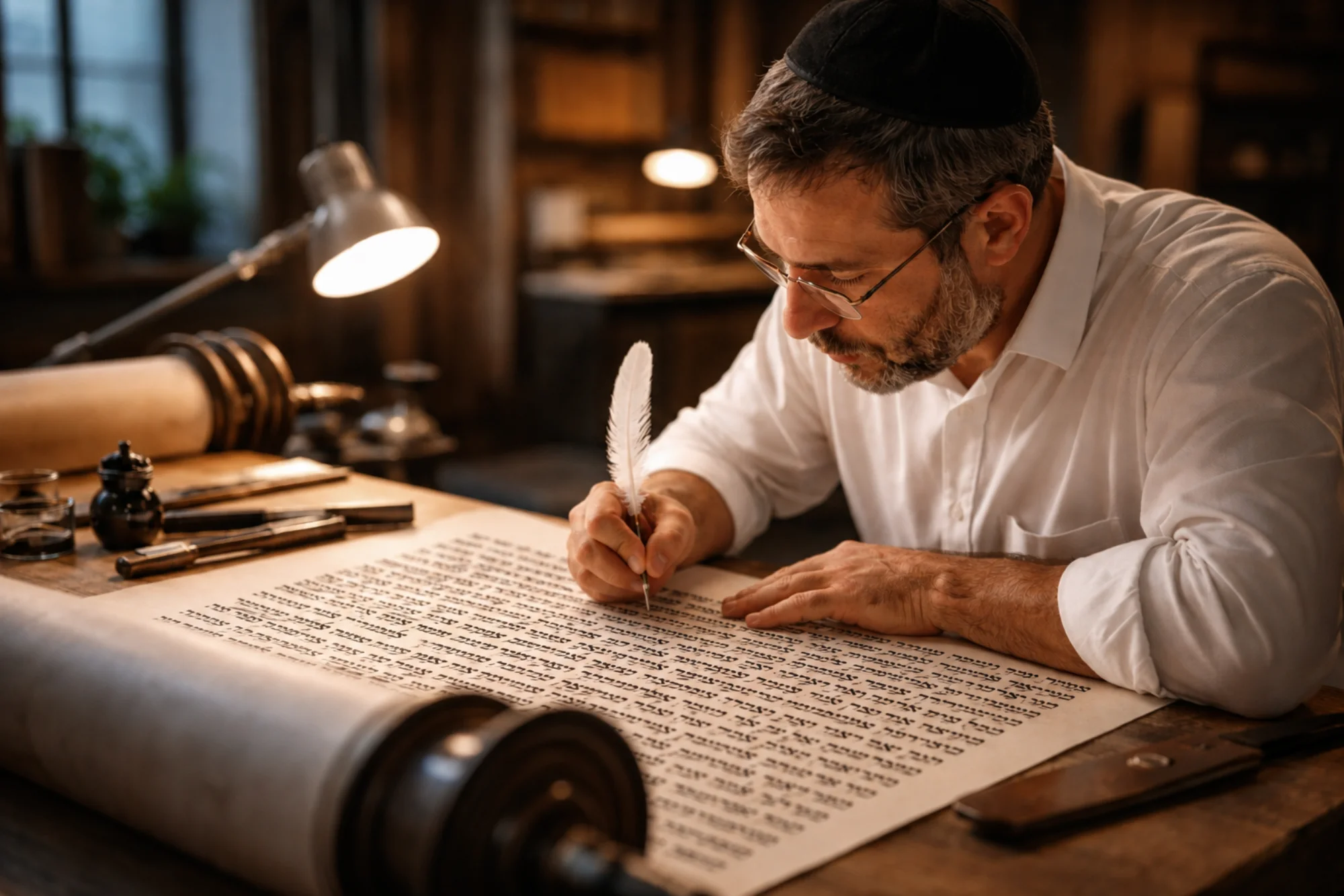 סופר סת״ם כותב אותיות סת״ם על יריעת קלף לאור מנורת שולחן